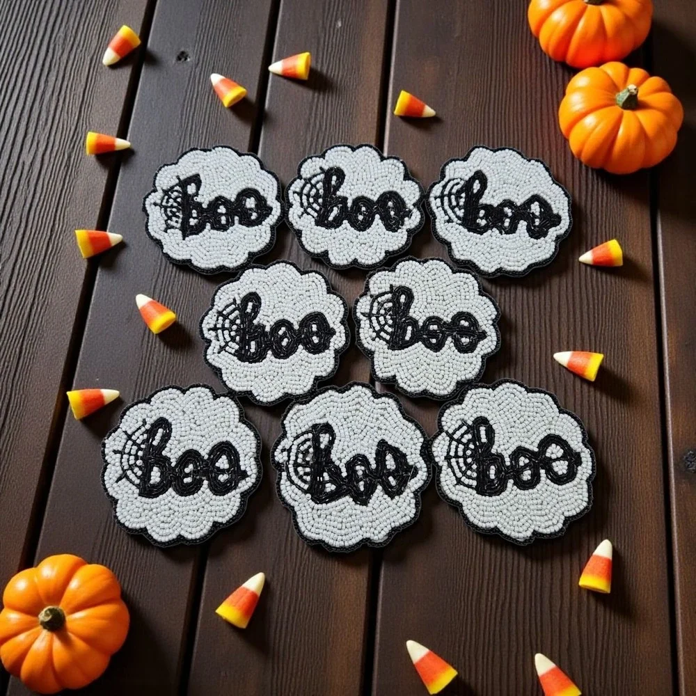 8 Beaded Halloween Coasters BOO Spiderweb Black and White Set of 8